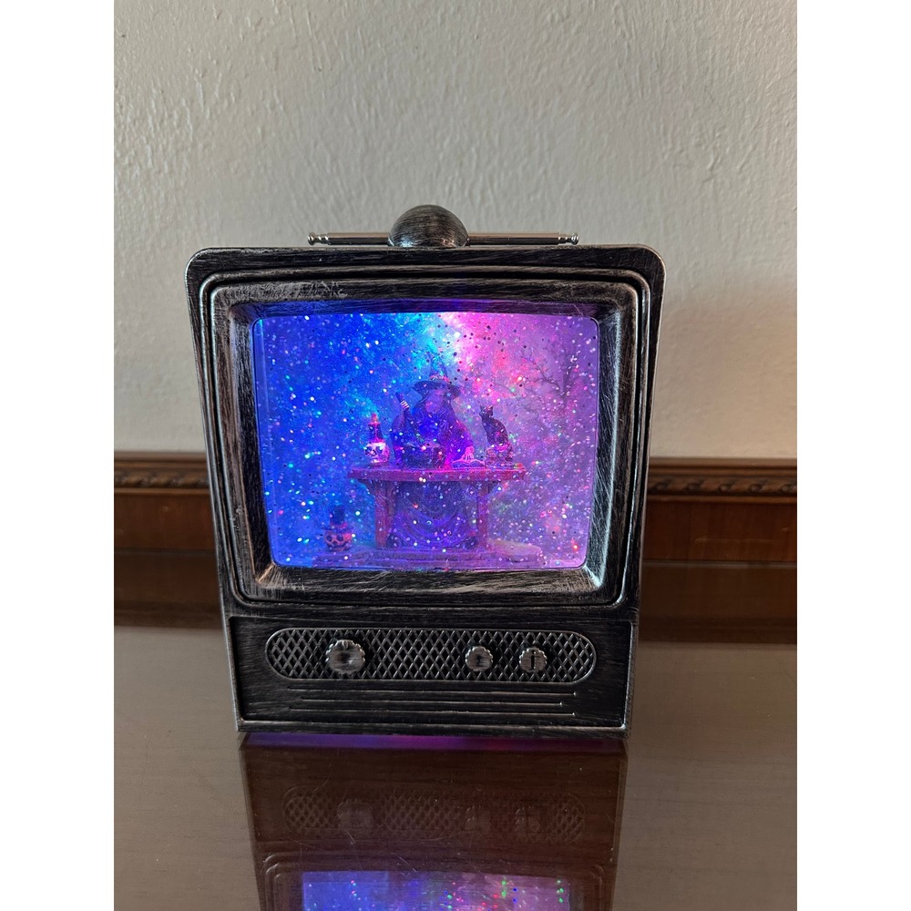 Cracker Barrel Halloween Witch TV Glitter Globe Light Up Retro Television 7x6